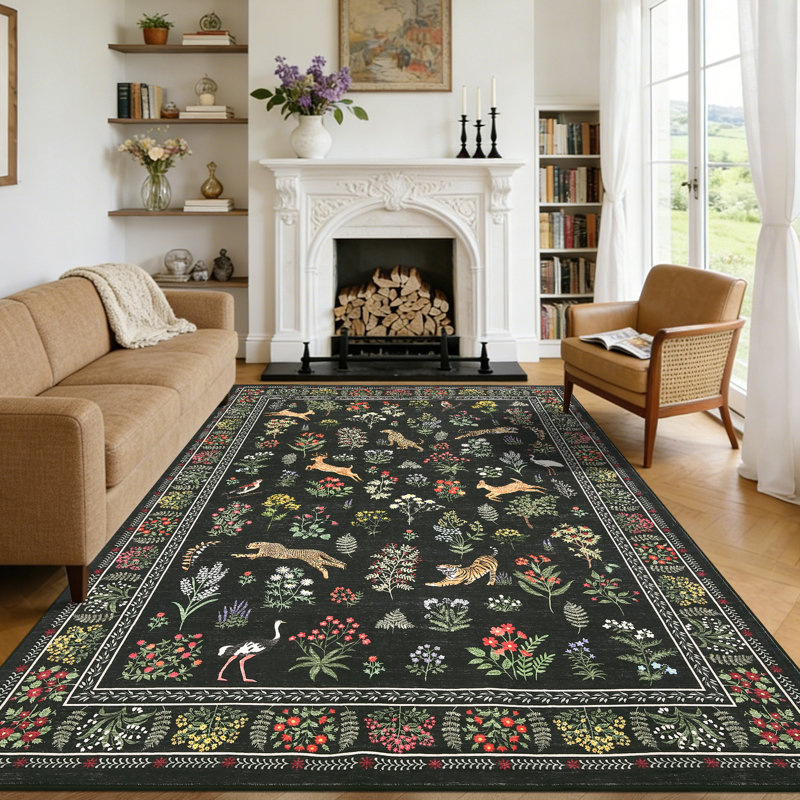 Tapis à motif floral lavable pour animaux 6 x 9 fermier antidérapant pour le salon, tapis à poils courts ne perdant pas de poils, tapis intérieur pliable mince et doux pour la salle à manger de la chambre à coucher, salle de jeux, noir