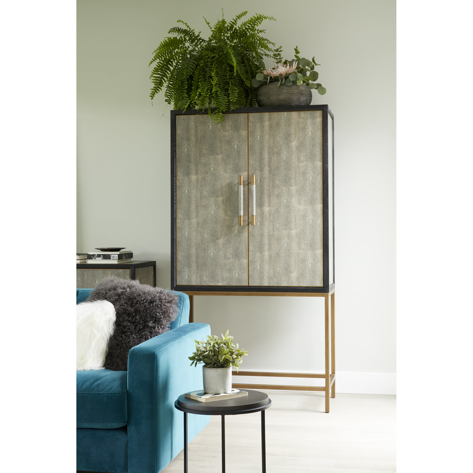Meera Solid Wood Bar Cabinet with Brass Base , Gray/Gold