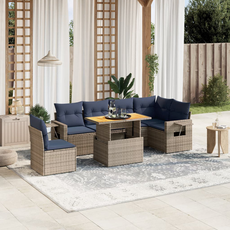 Ensemble de canapé de patio 7 pièces avec coussins en rotin de polyester, Gris, Bleu