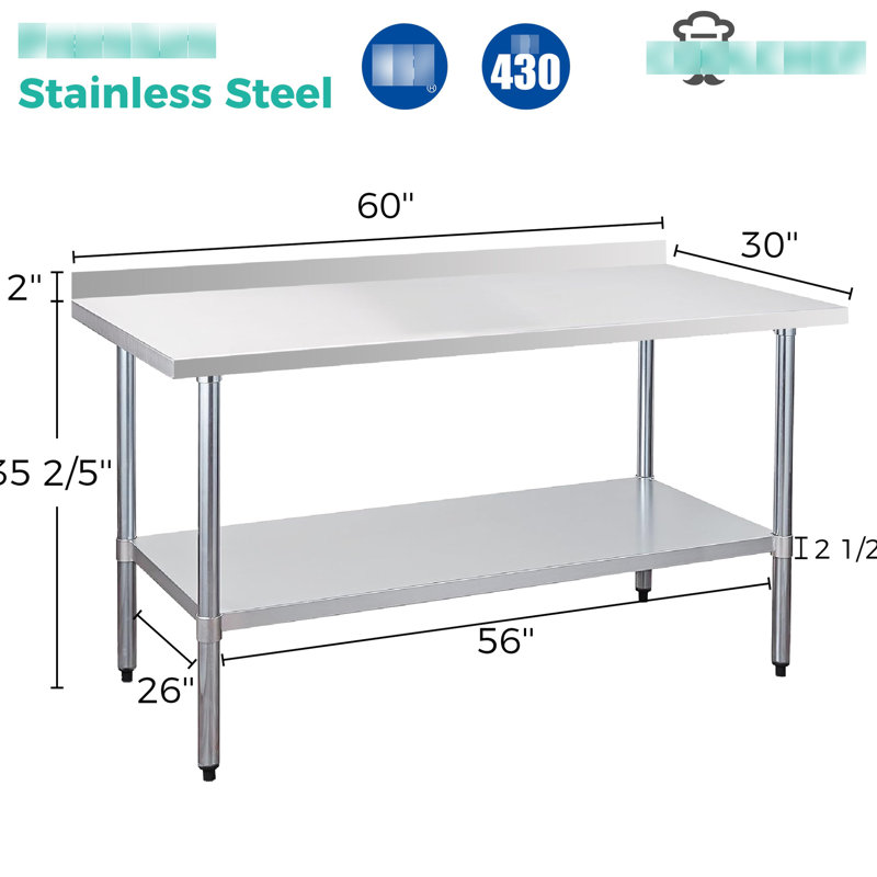 Table de travail commerciale en acier inoxydable de calibre 18, largeur 60 po, profondeur 30 po, résistance élevée à la corrosion, assemblage rapide, surface hygiénique, résistance à la corrosion, tablette inférieure pour le rangement