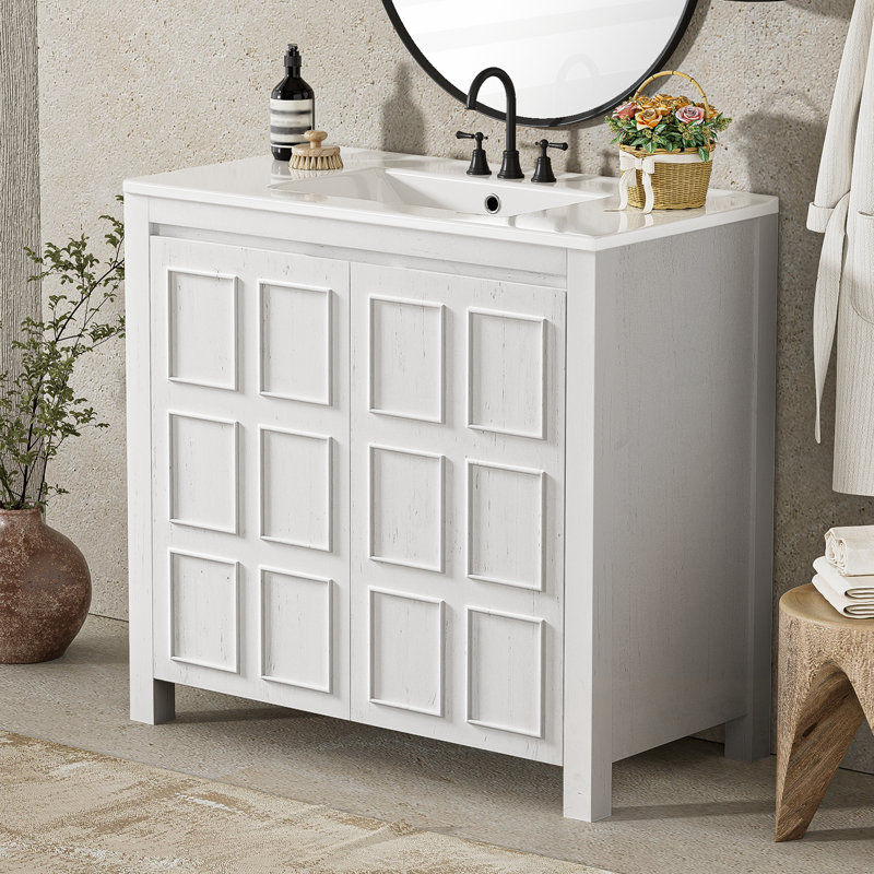 Meuble-lavabo de salle de bain avec lavabo, portes doubles et tablette réglable, Blanc
