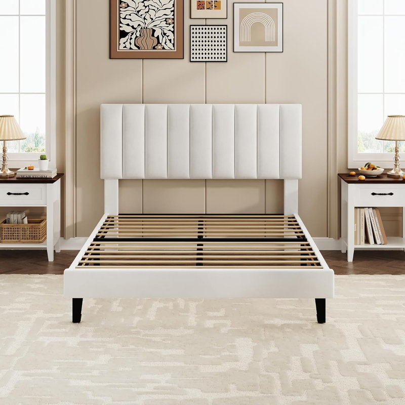 Upholstered Platform Bed with Velvet and Striped Headboard, Full Size/White
