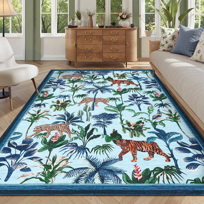 Tapis tigre Jungle avec envers antidérapant, Bleu, 8 x 10 pi