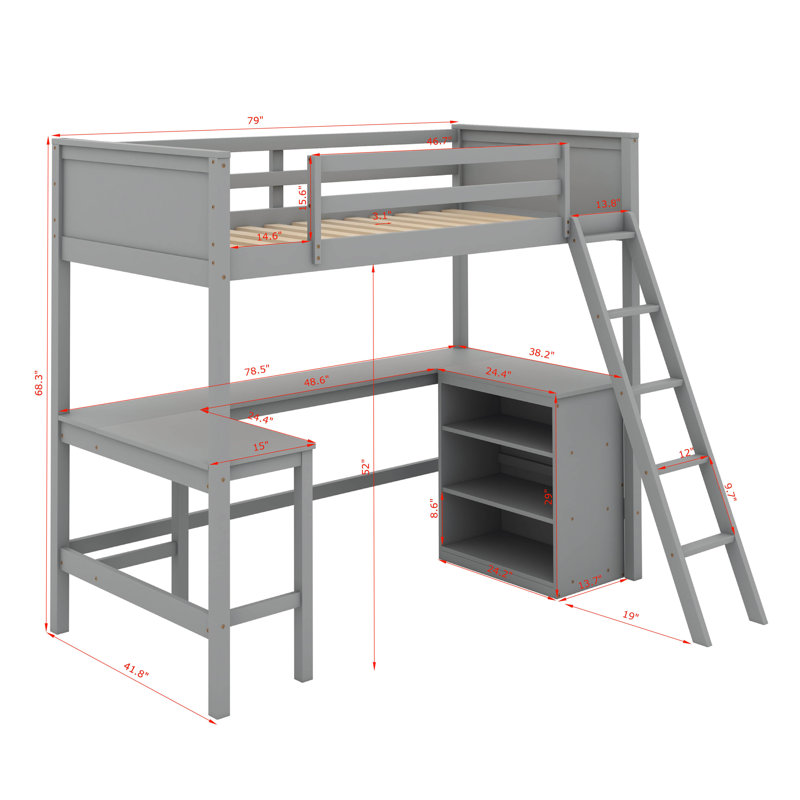 Lit mezzanine simple avec tablettes et bureau