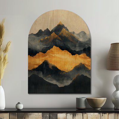«Mountain Mirage in Black and Gold I», impression d'art mural en bois arqué paysage