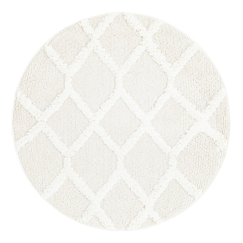 Tapis géométrique ivoire en polyester tissé à la machine, Rond 3 pi 3 po