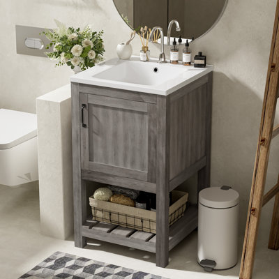 Ensemble de meuble-lavabo de salle de bain 16 po pour les petits espaces, meuble-lavabo avec lavabo rectangulaire en céramique, meuble-lavabo avec 1 porte et 1 tablette ouverte
