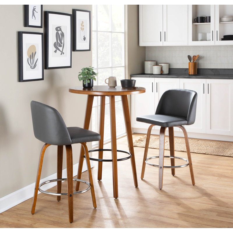 Tabouret de comptoir à hauteur fixe de 26 po avec pieds en bois cintré et repose-pieds rond Thea, Gris, Noyer / Chrome