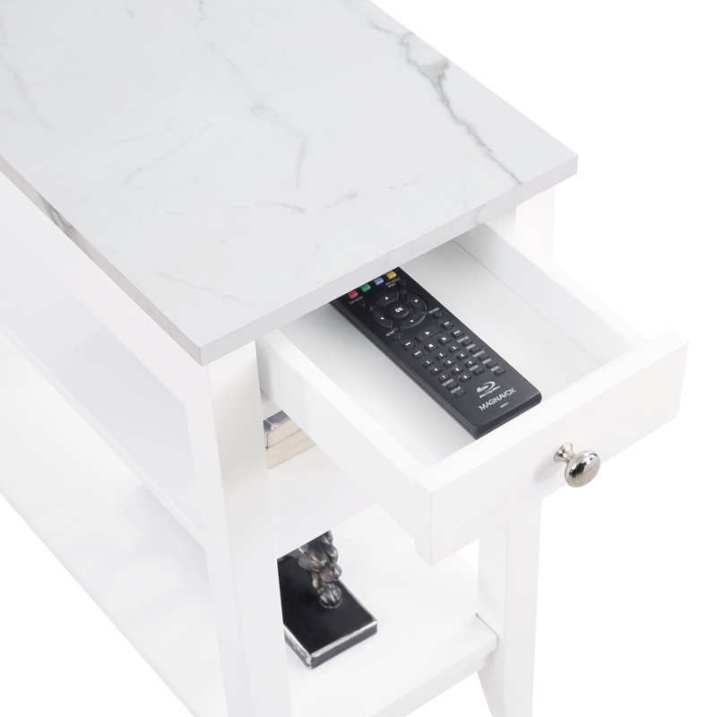 Carbin End Table with Drawer and Shelves, White Faux Marble Top/White Base