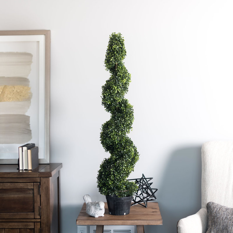 Artificial Potted Green Boxwood Spiral Tree, 36" H x 9" W x 9" D
