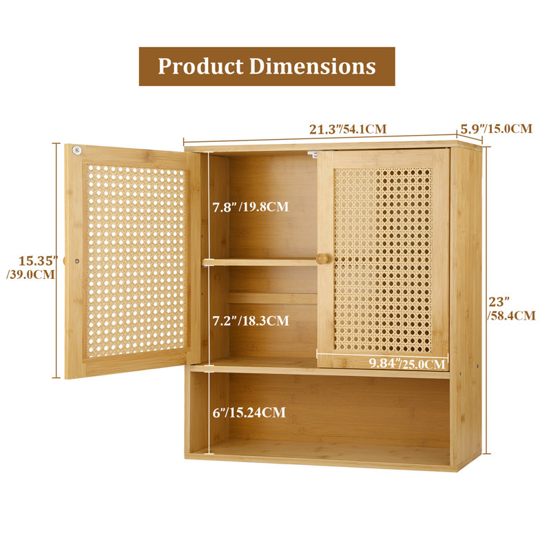 Armoire murale de salle de bain en bambou avec tablettes et portes