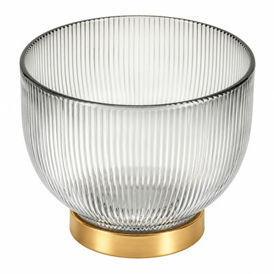 Round Glass Decorative Bowl with Champagne Gold Iron Base, 8.5" W x 7.5" H