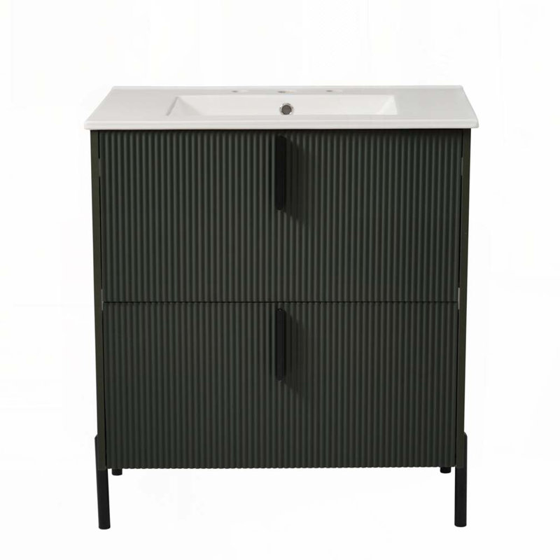 Meuble-lavabo de salle de bain avec lavabo en céramique et tiroirs pleine extension, Vert