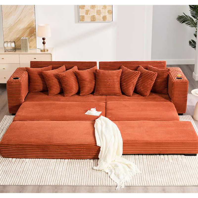 New Orange 107.98" Corduroy Modular With Movable Footstool, Two Handrails Cup Holders, To Bed Modern L Shaped , 4 Seats, Comfortable Seating, A Spacious
