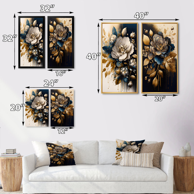 «Black and Gold Camellia Bouquet I», 2 pièces sur toile, Encadrement brun, H 20 po x l 24 po