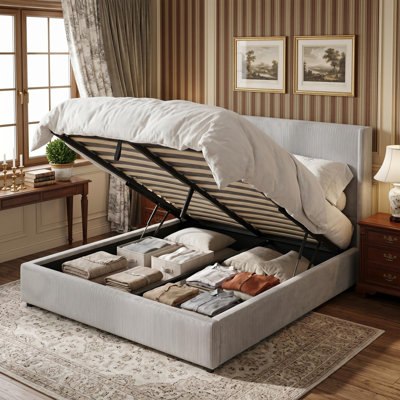 Queen Size Bed Frame with Lift Up Storage, Corduroy Upholstered Platform Bed with Wingback Headboard, Solid Wooden Slats, No Box Spring Needed, Hydraulic Support, Grey