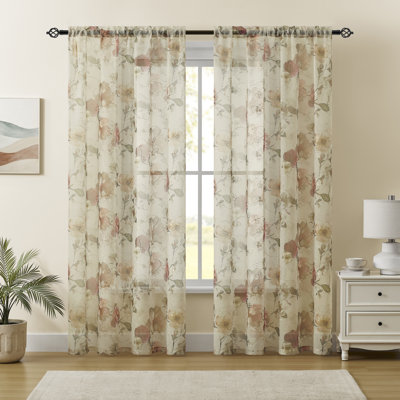 Voile de rideau transparent imprimé floral et brodé avec passe-tringle pour le salon de la chambre à coucher