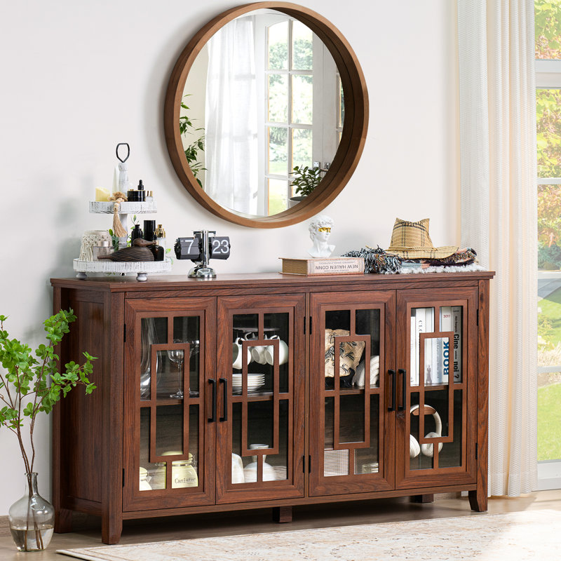 Large Sideboard Buffet Cabinet With Storage, 63" Farmhouse Kitchen Coffee Wine Bar Cabinet With 4 Glass Doors, Mid Century Modern Wooden Side Board Table For Dining Room, Living Room