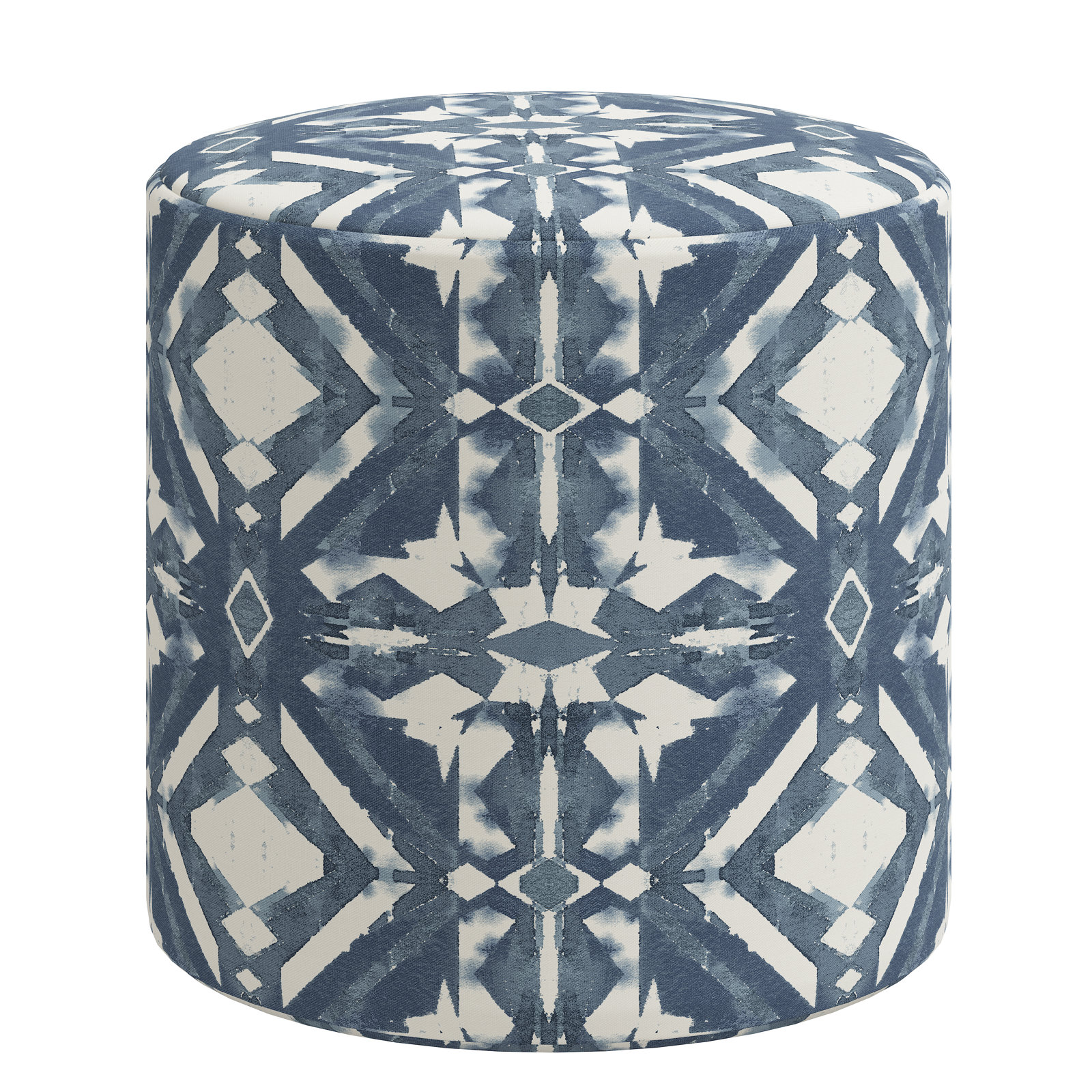 Epaulette Upholstered Ottoman, Asha Blue Ikat