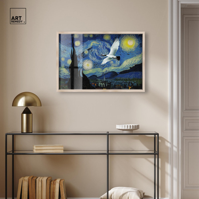 «Crane Starry Night Shadowbox» par Pet Remedy, H 21 po x l 31 po, Crème, crème