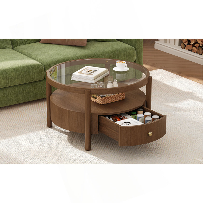 Table basse ronde en bois massif avec plateau de rangement en verre massif, table de centre circulaire moderne Mid-Century à 2 niveaux, table basse en bois de noyer pour le salon