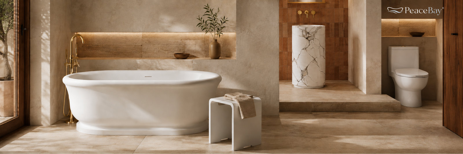 Modern bathroom featuring a white freestanding bathtub with gold fixtures, a marble pedestal sink, and a white toilet in a warm, earth-toned space with PeaceBay branding.
