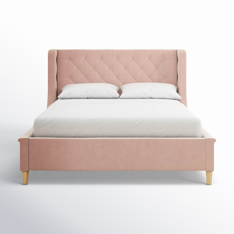 Lit plateforme tapissier en velours, Rose, Full