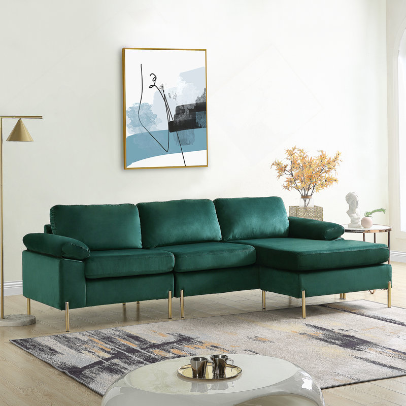 Canapé modulaire en velours avec méridienne Shannon, Velours vert