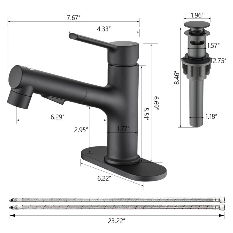 Single-hole Single-handle Bathroom Faucet With Pull Out Sprayer, Matte Black