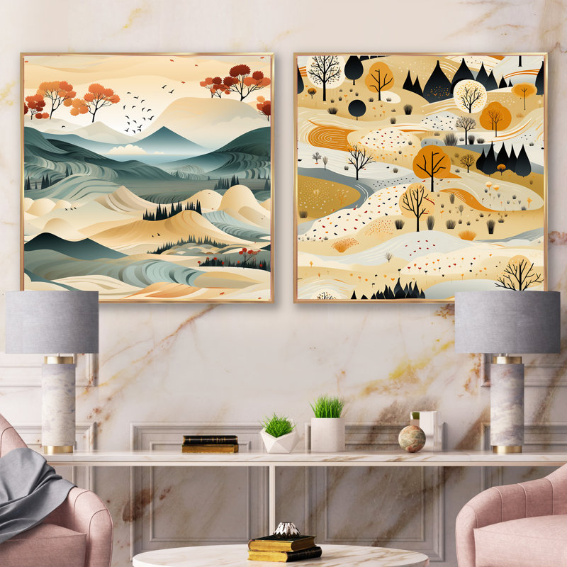 Marcellius - Ensemble de 2 collages carrés de paysages abstraits, Cadre flottant doré, H 16 po x l 33 po