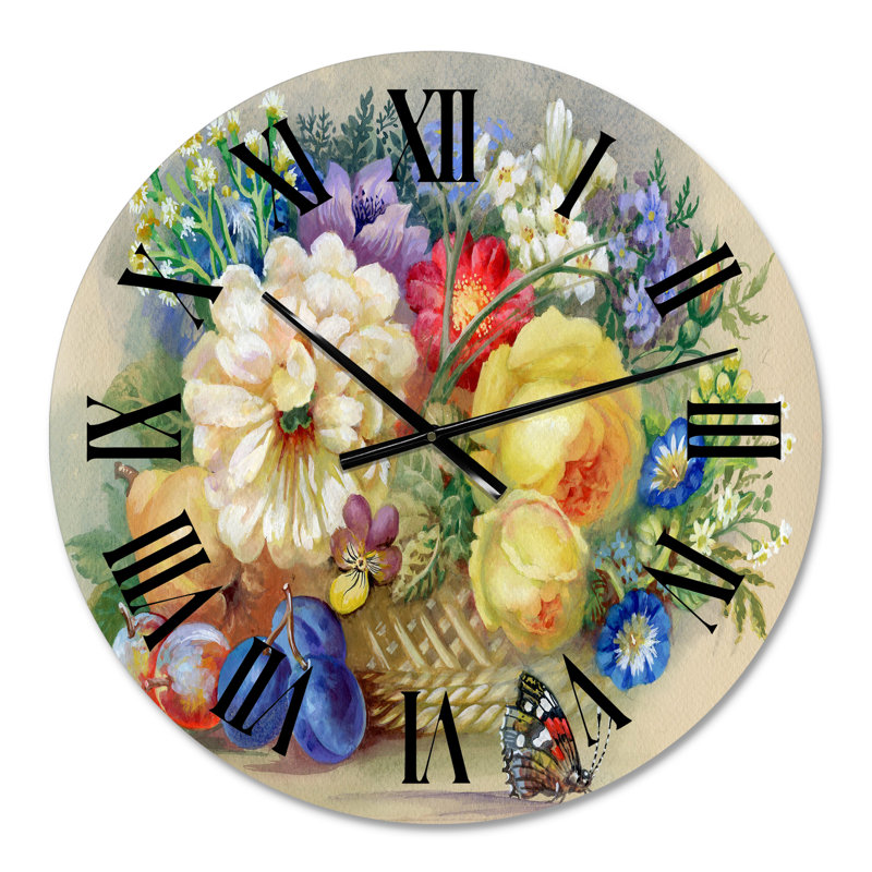 Nature morte rétro de fleurs jaunes et blanches - horloge murale traditionnelle, Surdimensionné