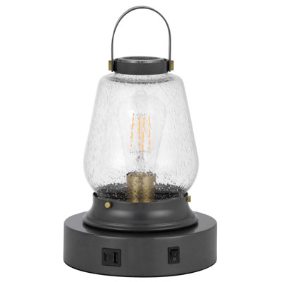Lampe de table Terni Accent - 33 cm (13 po) de hauteur, métal bronze foncé, verre bullé transparent, 60 W, culot E26, interrupteur marche/arrêt, 1 port USB et 1 port USB-C, style lanterne