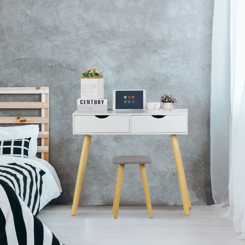 Ensemble coiffeuse en bois massif avec tabouret, Blanc élégant