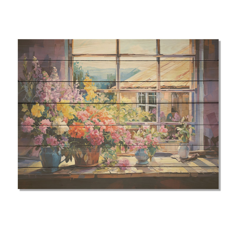 Purple Floral Ranch Window View - Farmhouse Windows  On Wood Print, 10" H x 20" W x 0.78" D