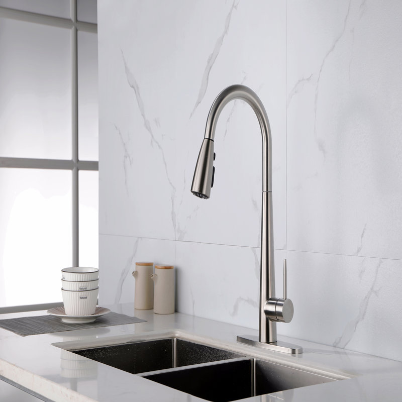 Robinet d'évier de cuisine à poignée simple en acier inoxydable avec douchette extractible, Nickel brossé