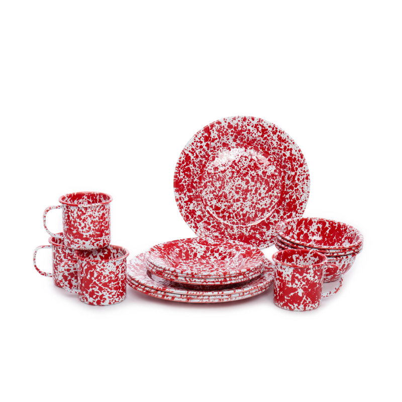 Splatterware Crow Canyon Enamelware Splatter 16 Piece Dinnerware Set, Red