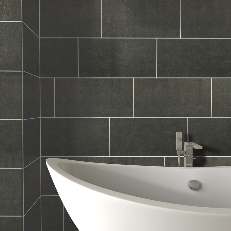 Citified 12" W x 24" L Porcelain Concrete Look Singular Tile, Charcoal