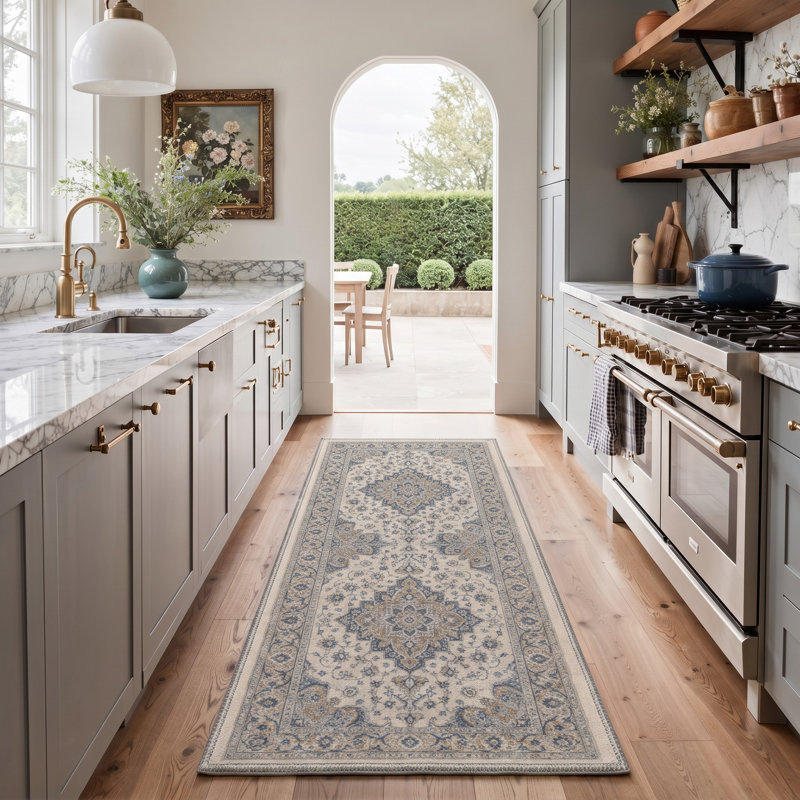 Tapis de couloir traditionnel gris/bleu oriental, performant, à poils courts, lavable et antidérapant