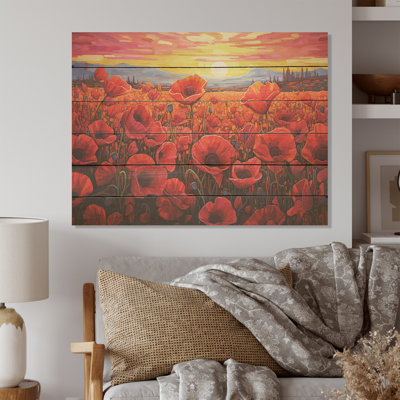 Red Crimson Bloom Garden Serenade - Flower Wood Wall Art On Natural Pine Wood