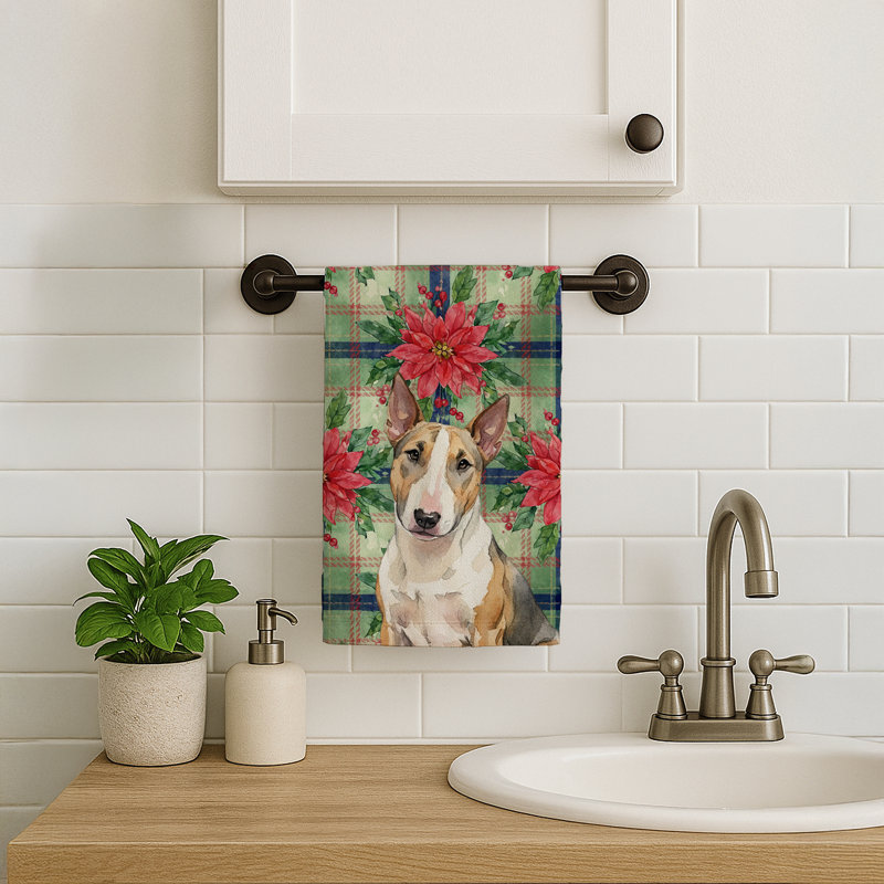 Tricolor Miniature Bull Terrier Christmas PoinsettIas Kitchen Towel, White/Brown Miniature Bull Terrier