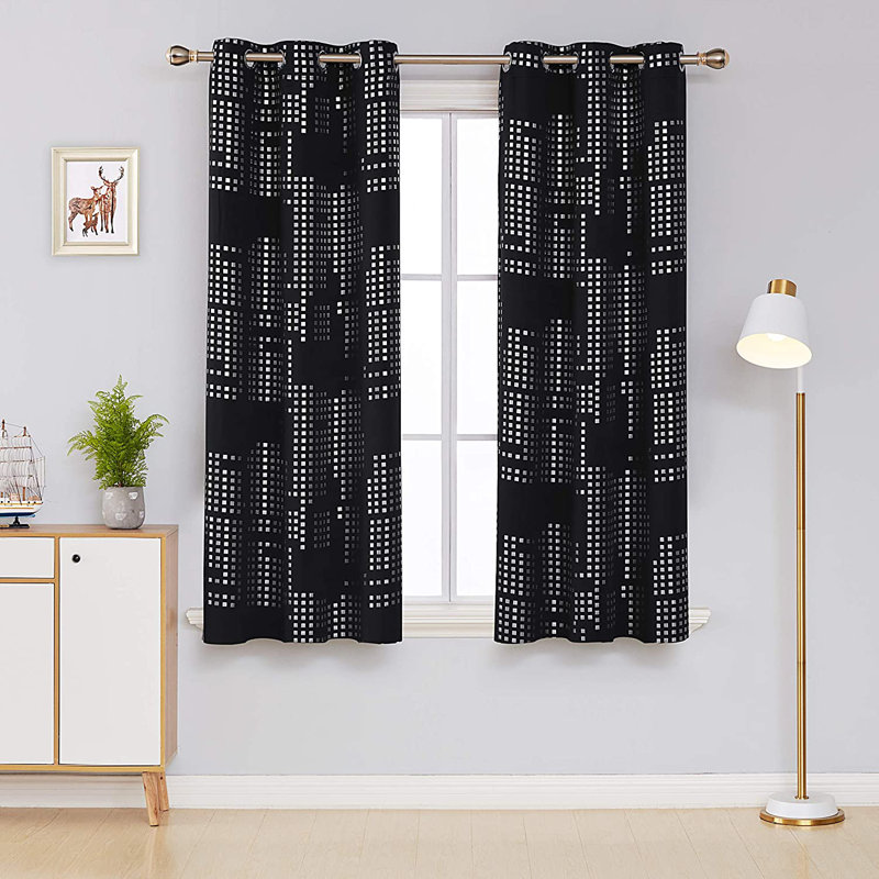 Albhie Geometric Room Darkening Thermal Curtain Panels, Black, 38" W x 84" L