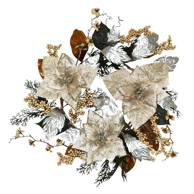 24" Champagne Poinsettias Cherry Blossom Flowers Wreath , Silver