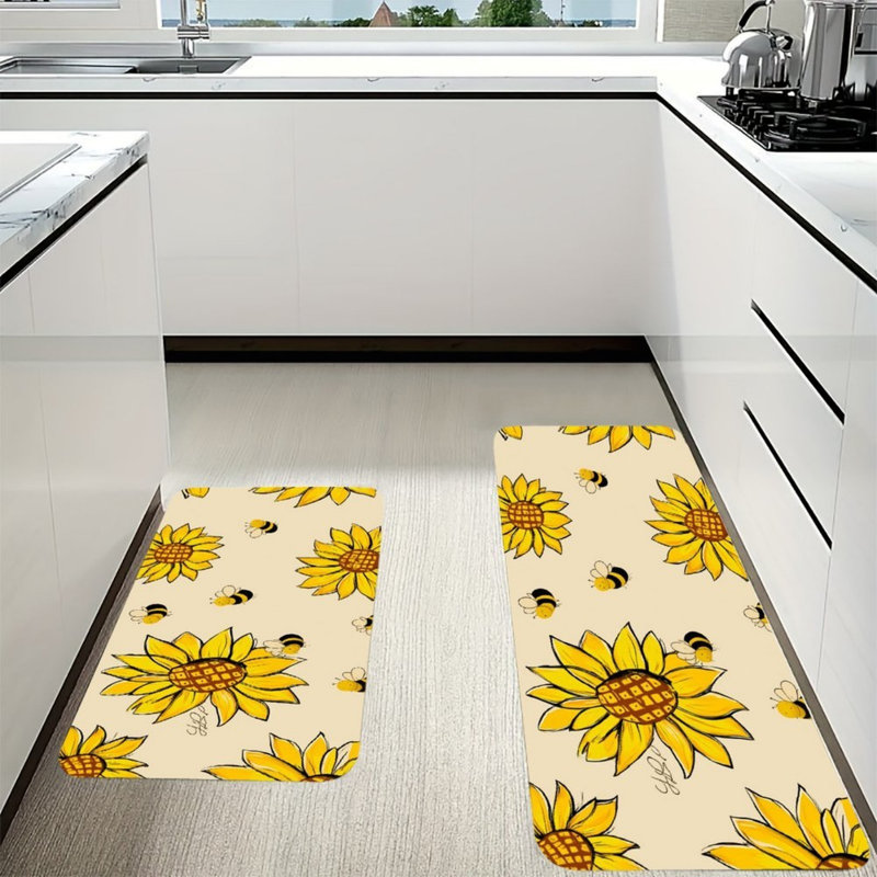 Tapis de cuisine beiges tournesol, ensemble de 2 pour un décor de cuisine lumineux