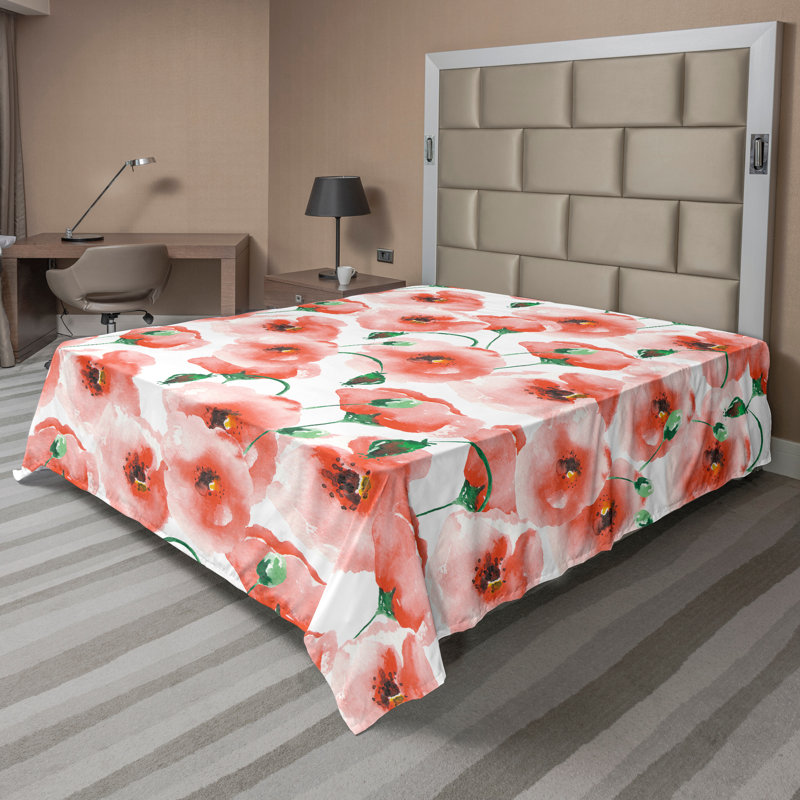 Ambesonne Nature Top Flat Sheet Glisten Fish Sunlight, King Flat Sheet, Scarlet/Green Floral