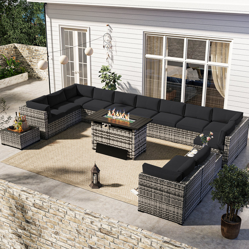 Tomijs 15 Piece Rattan Sofa Seating Group with Fire Fit Table, Gray, Black