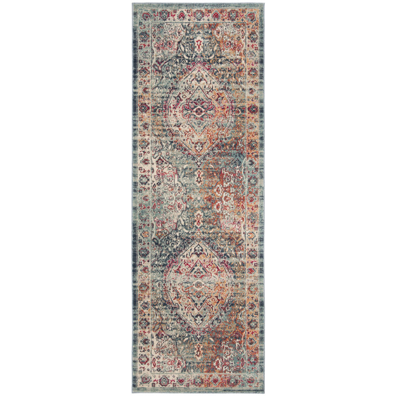 Tapis oriental bleu marine / turquoise Doucet 300 pes / coton / PP / latex, Tapis de couloir 2 pi 9 po x 8 pi