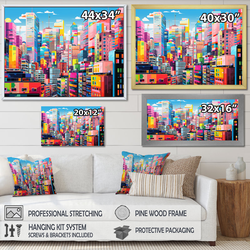 «Colorful City Tokyo Popart III», reproduction d'art sur toile, H 24 po x l 32 po x P 1 po, Cadre simple noir