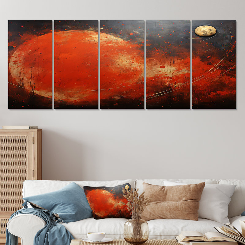 Ensemble d'art mural noir et rouge sur 5 planètes de Mars, H 28 po x l 60 po