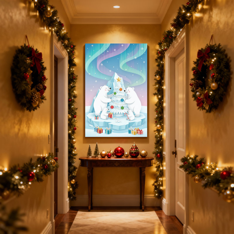 Ours polaires de Noël décorent un arbre de Noël avec des cadeaux, ensemble de 3 impressions sur toile, H 30 po x l 20 po