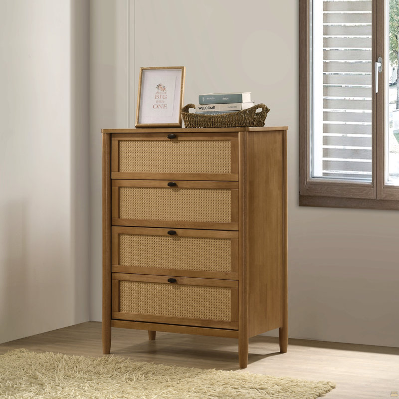 Commode 4 tiroirs en bois et rotin